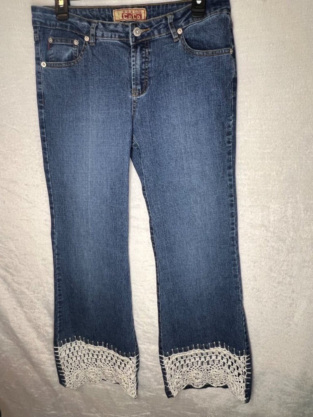 Y2k CoCo Denim flare jeans with crochet hem- Trendy boho vibes womens size 11/12